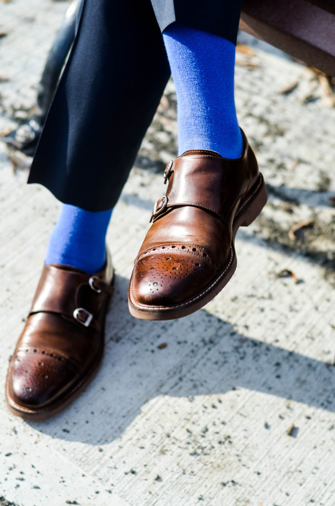 blue socks with double monk shoes