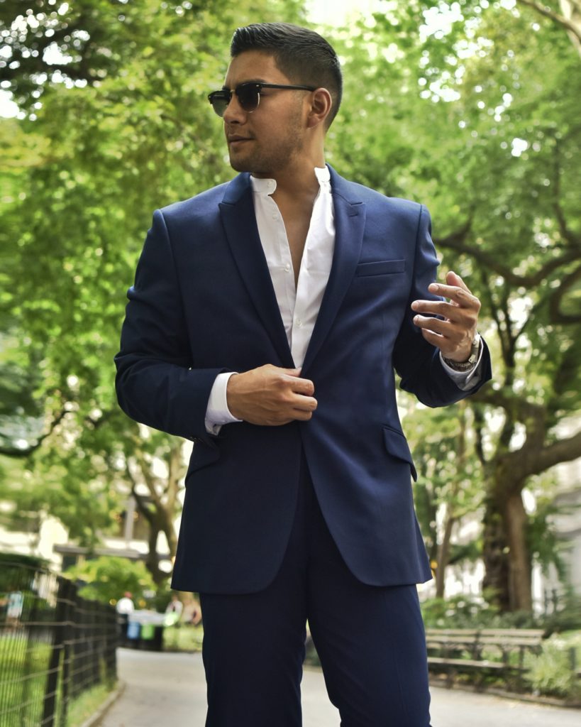 no collar look, Mandarin collar, blue suit, topman, muscle fit suit 