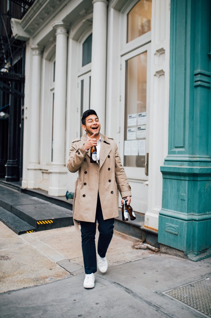 casual trench coat mens look with a beer - dandy in the bronx