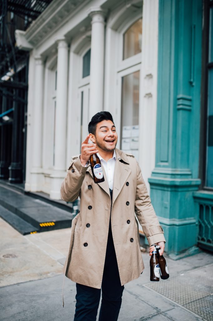 casual trench coat mens look with a beer - dandy in the bronx