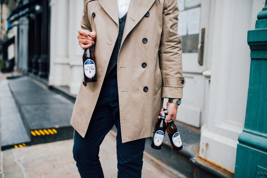 casual trench coat mens look with a beer - dandy in the bronx