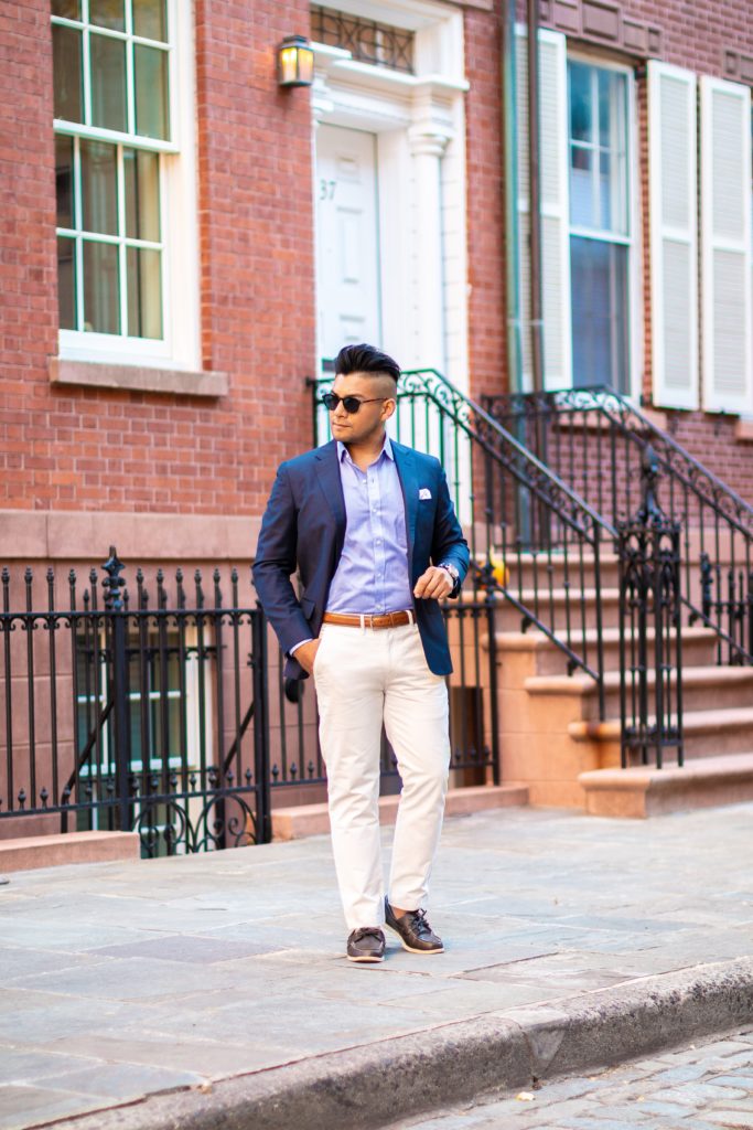 wearing white pants with navy blue blazer and boat shoes dandy in the bronx