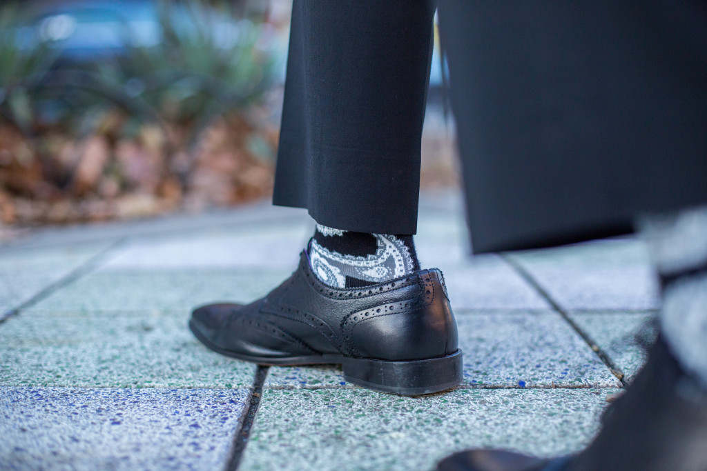 happy socks, paisley socks with black dress shoes and suit 