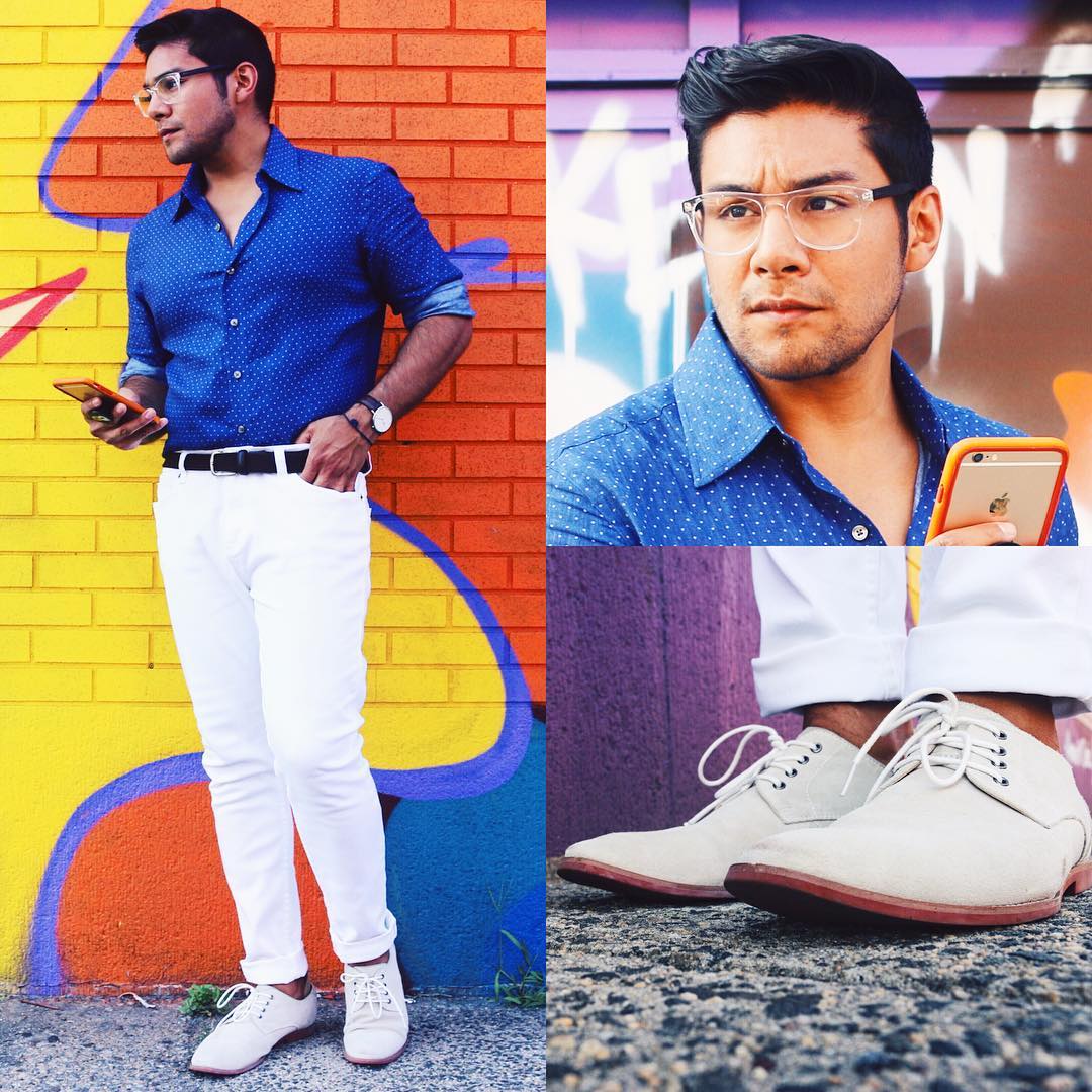 Blue dotted shirt, white pants, white shoes, clear glasses frames, VISION WORKS TRANSLUCENT BY PERRY ELLIS - VISION WORKS Keyhole Bridge by Penguin - Dandy in the bronx - The Dandy’s Guide to Looking Great in Glasses