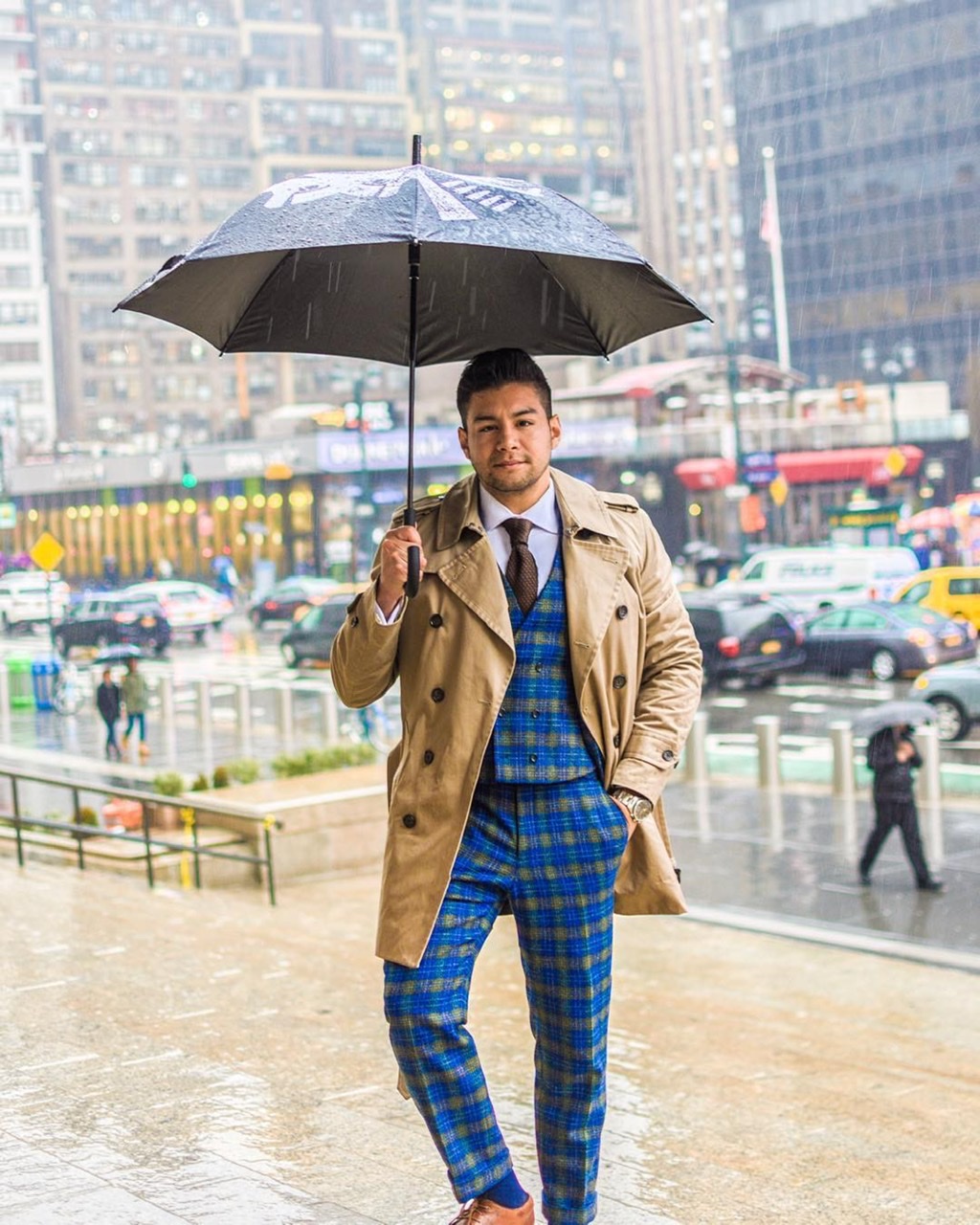 BLUE CHECK TWEED EFFECT THREE-PIECE SUIT - dandy in the bronx - WHITE shirt and brown tie - IN THE RAIN