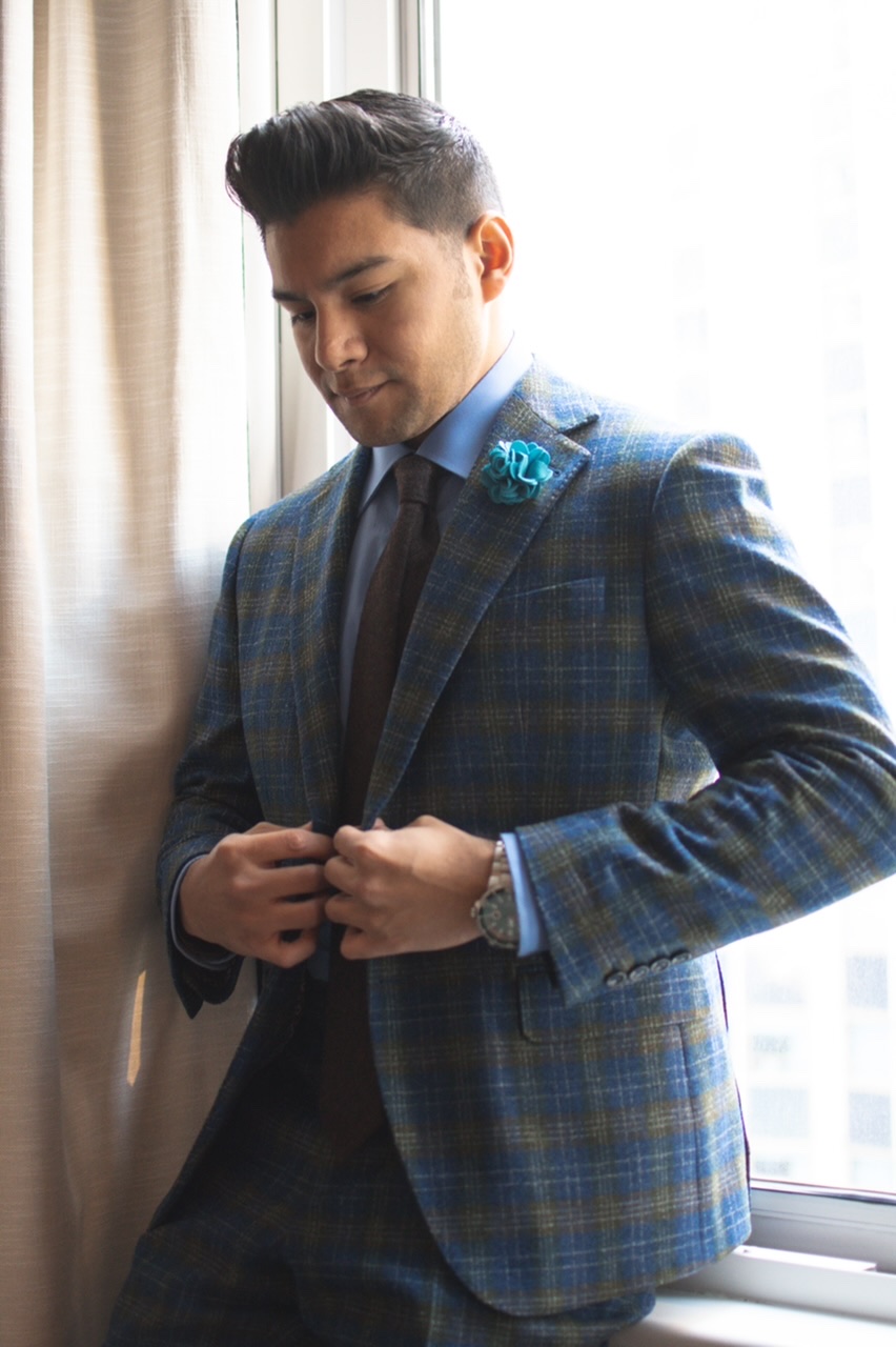 BLUE CHECK TWEED EFFECT THREE-PIECE SUIT - dandy in the bronx - blue shirt and brown tie