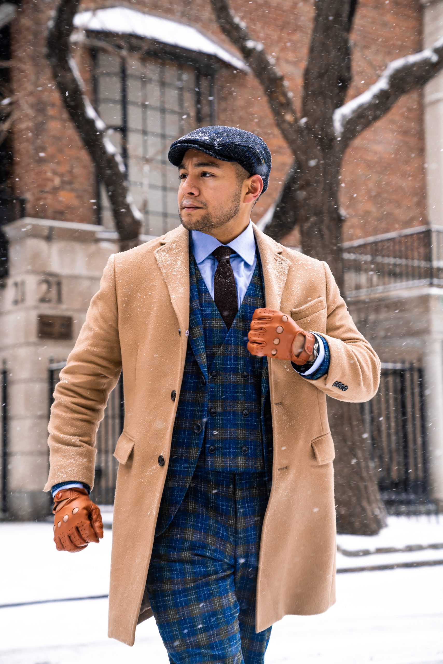 BLUE CHECK TWEED EFFECT THREE-PIECE SUIT - dandy in the bronx - blue shirt and brown tie - thedrop.co suit - camel coat and Irish hat - snow