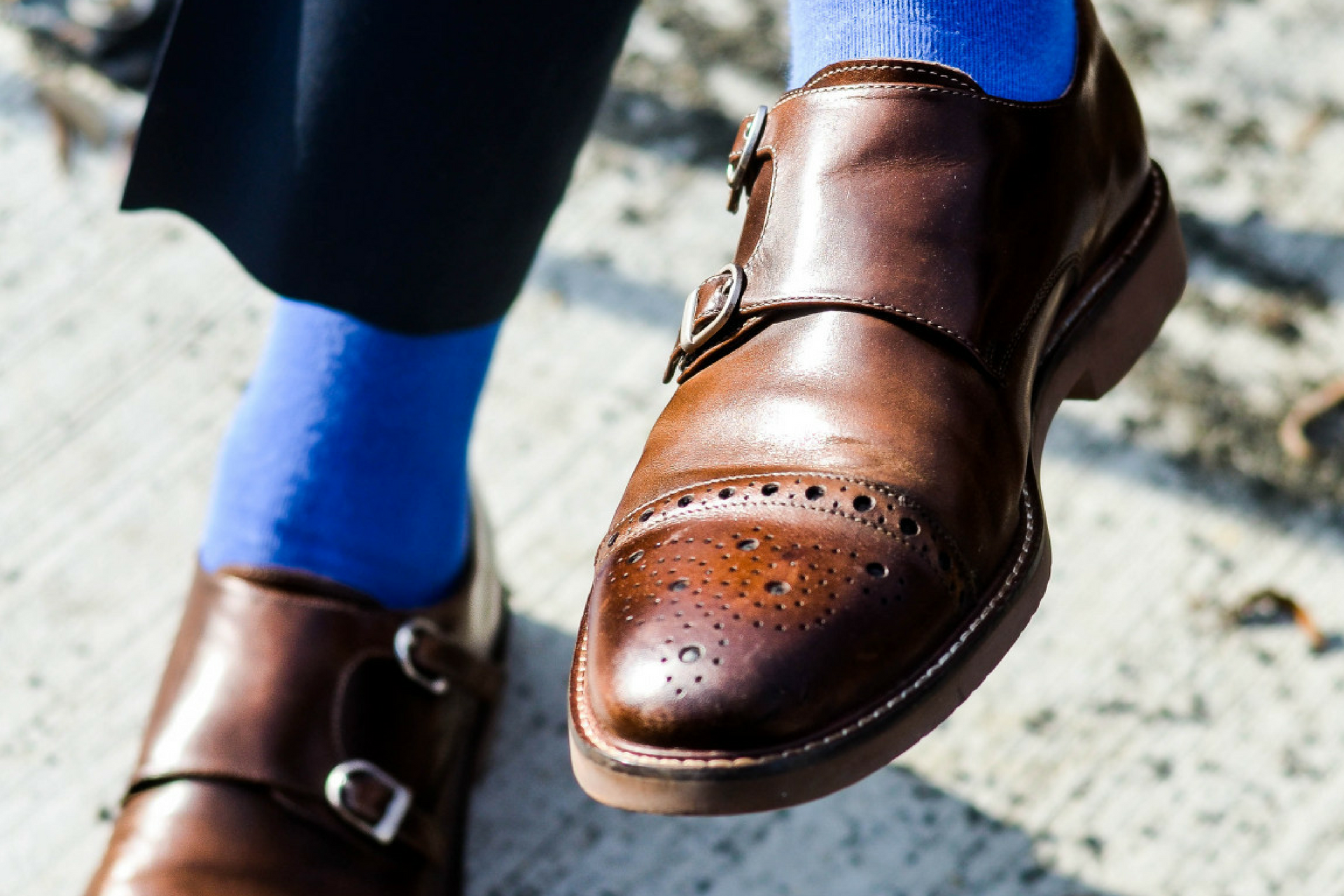 Brown Double monk strap shoes with a navy suit men - dandy in the bronx