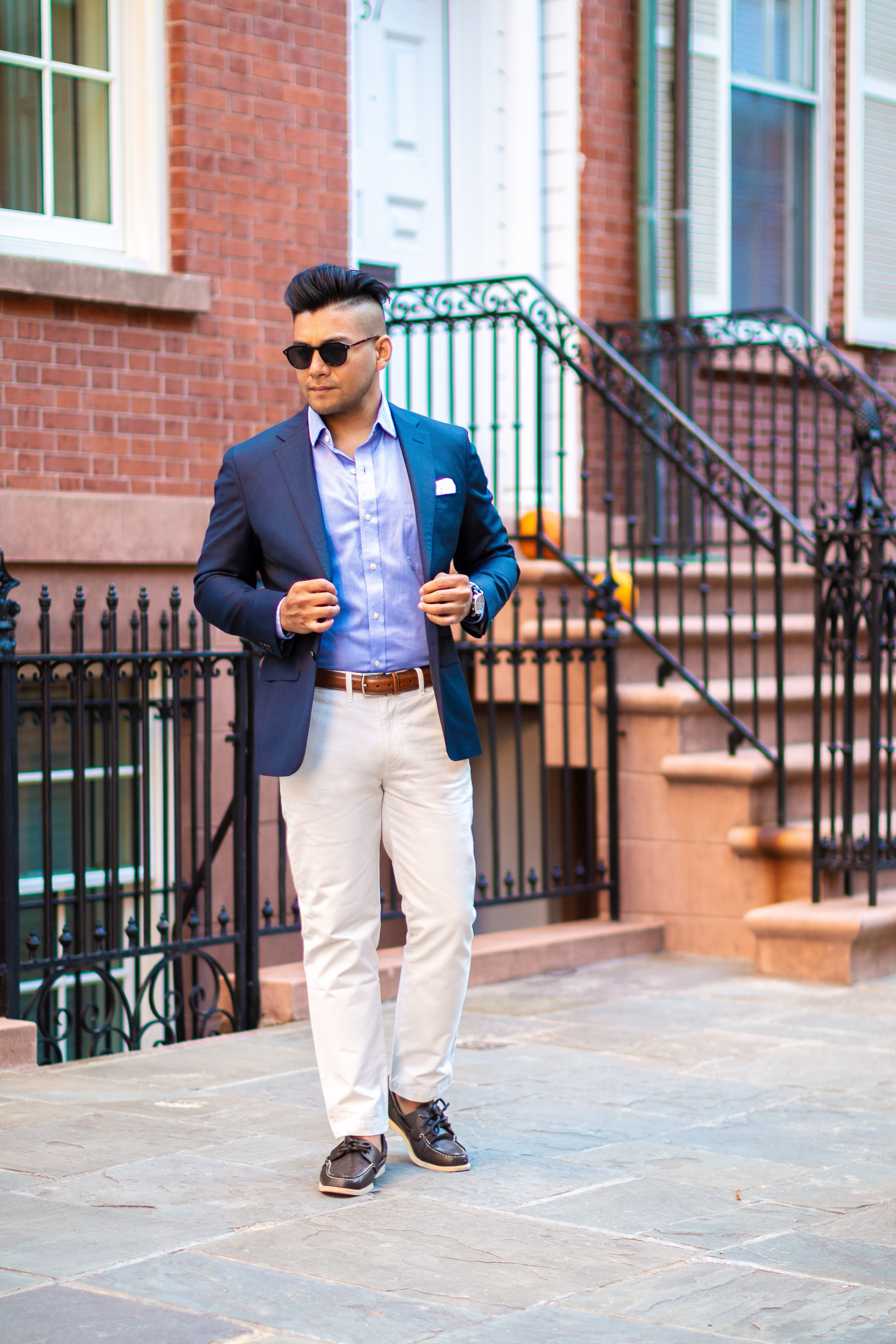 White chinos with boat shoes and navy jacket - dandy in the bronx