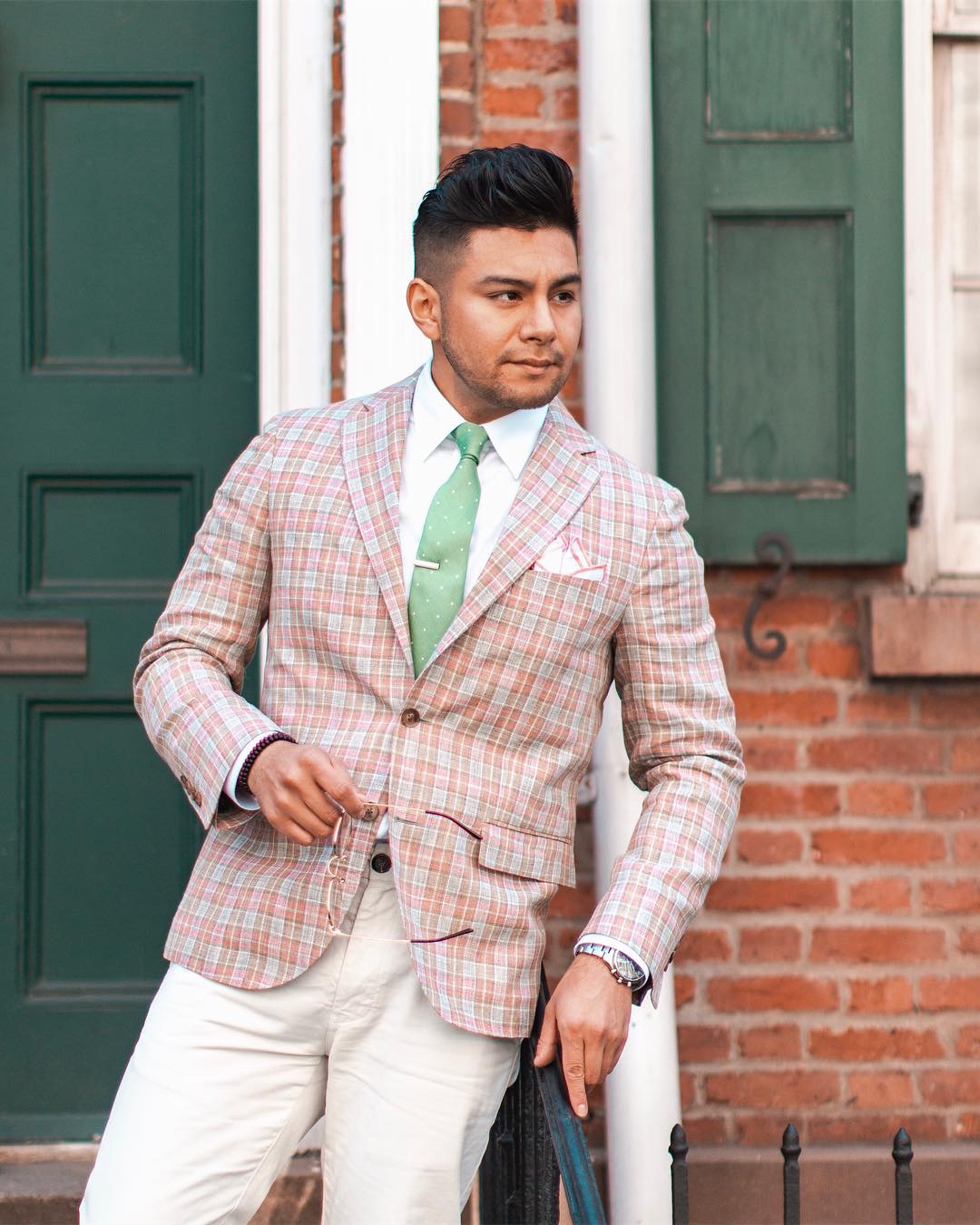 White pants / chinos with pink plaid jacket and green tie - dandy in the bronx