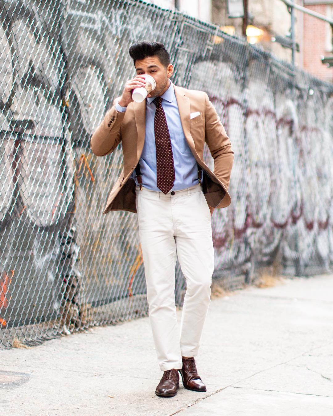 White chinos with brown blazer, blue shirt, brown tie, brown shoes - dandy in the bronx