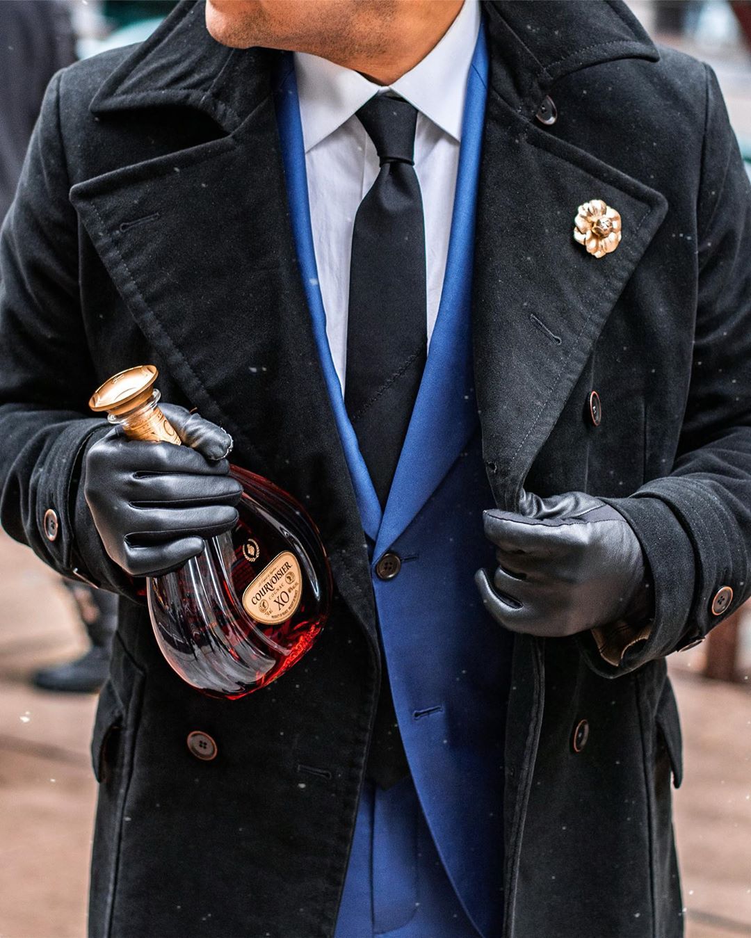 EXCLUSIVE FIRST LOOK AT COURVOISIER AND PUBLIC SCHOOL'S LIMITED EDITION TIE COLLAB - dandy in the bronx - black tie With blue suit and black coat