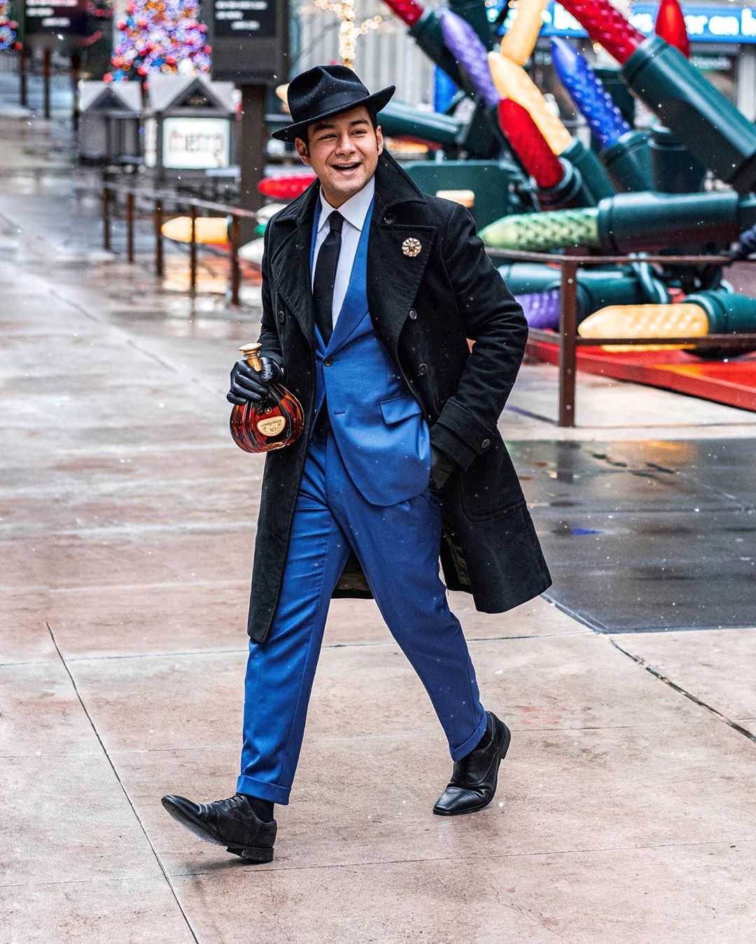 EXCLUSIVE FIRST LOOK AT COURVOISIER AND PUBLIC SCHOOL'S LIMITED EDITION TIE COLLAB - dandy in the bronx - black tie With blue suit and black coat