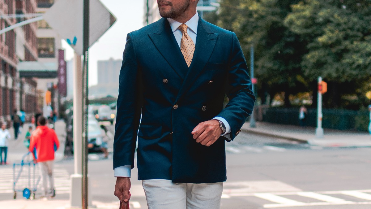 Six Summer Essentials for Men - dandy in the bronx - double breasted blazer - white pants - yellow tie