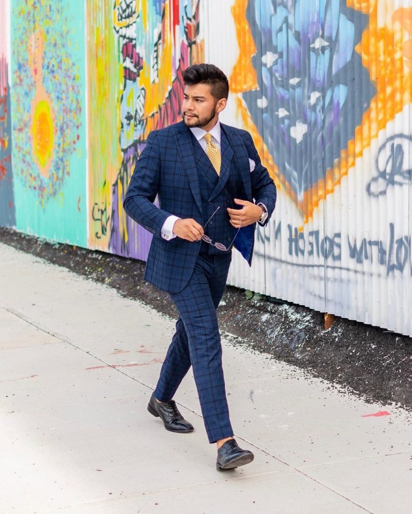 dandy in the bronx - blue plaid suit - black shoes - yellow tie