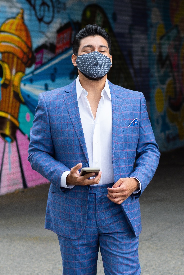 dandy in the bronx - face mask suit - face mask with suit - man smiling with face mask - 