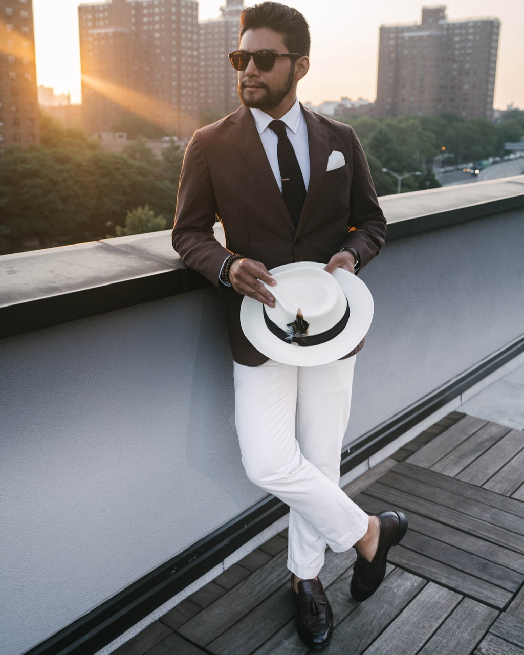 peter manning nyc - brown linen blazer with white chinos - panama hat styles - dandy in the bronx - brown loafers - short men styles - styles for short men
