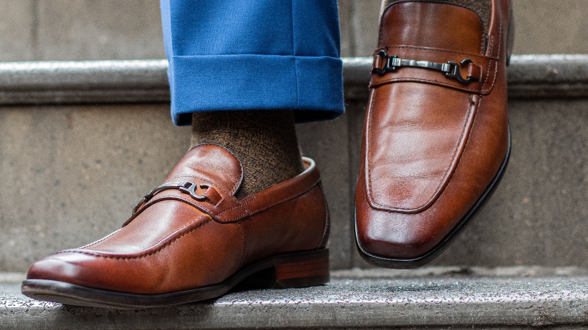 florsheim slip on shoes - bit loafers - dandy in the bronx - brown socks - blue suit -