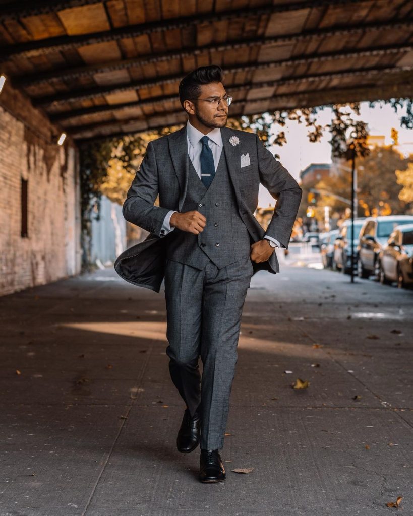 three piece grey suit - sayki suit - dandy in the bronx - black shoes with grey suit