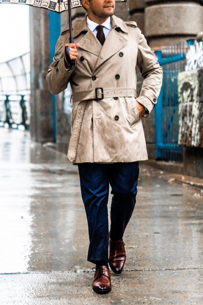 trench coat and a navy suit for men and umbrella, brown dress shoes for me