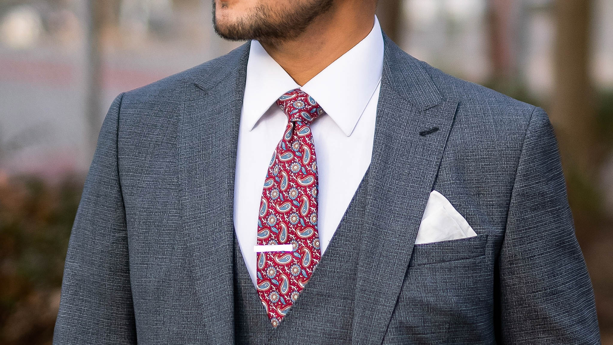 Grey three piece suit - chestie - paisley red tie - ties.com tie - white dress shirt - Tie clip on tie - dandy in the Bronx