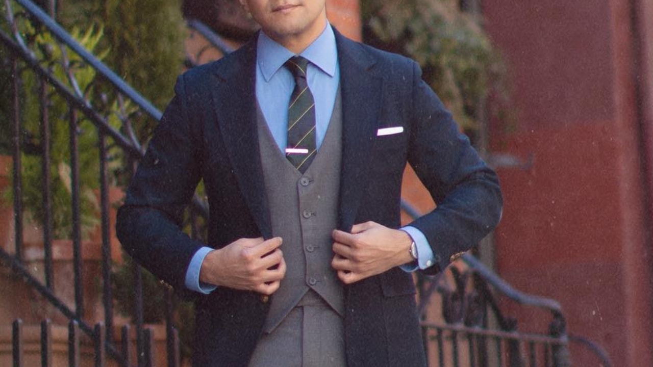 blue shirt with gray vest - preppy tie - dandy in the bronx