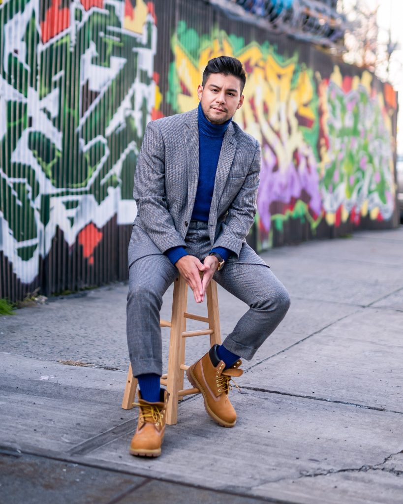 HOW TO PAIR UP YOUR TIMBERLAND BOOTS WITH A SUIT - how to wear timbs with a suit - timberland boots with suit - boots with suit - classic timberland boots - dandy in the bronx - marc darcy suit - turtleneck with suit - blue turtle neck - dapper timberland boots - 