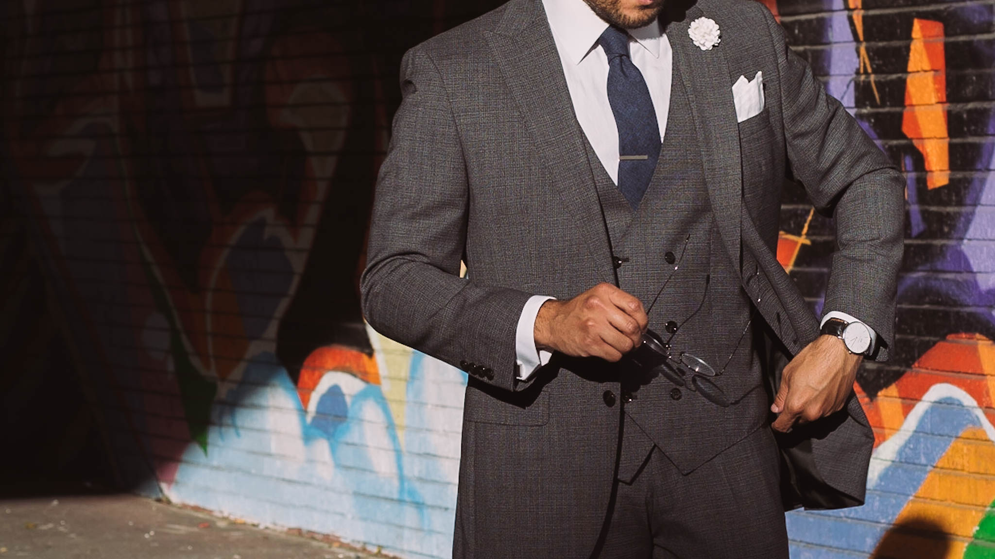 Sayki suit - grey three piece suit - white shirt and blue tie - ties.com tie - liberty shirt co - dandy in the Bronx - gentleman