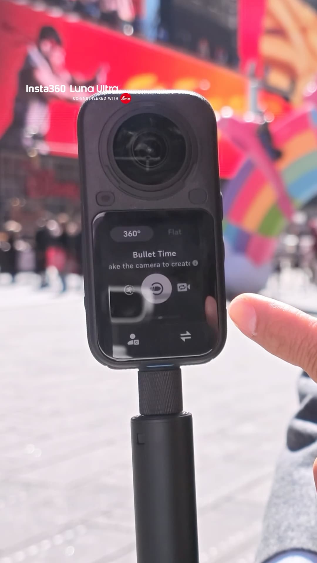 Insta360 X6 rear screen showing Bullet Time mode selected, photographed with the Insta360 Luna Ultra