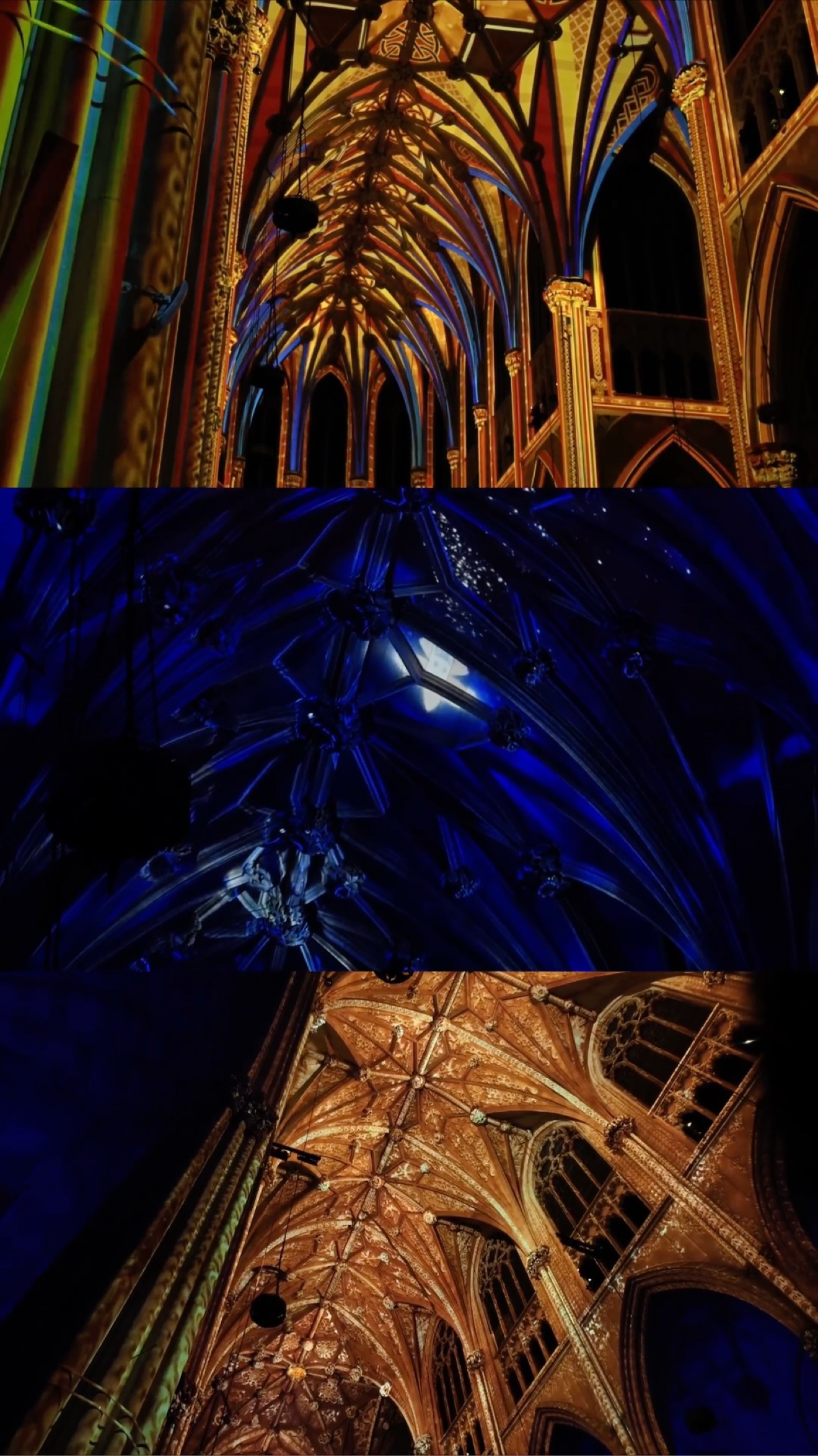 Triptych of LUMINISCENCE light projections on the vaulted ceiling of St. Patrick's Cathedral in gold, blue, and green